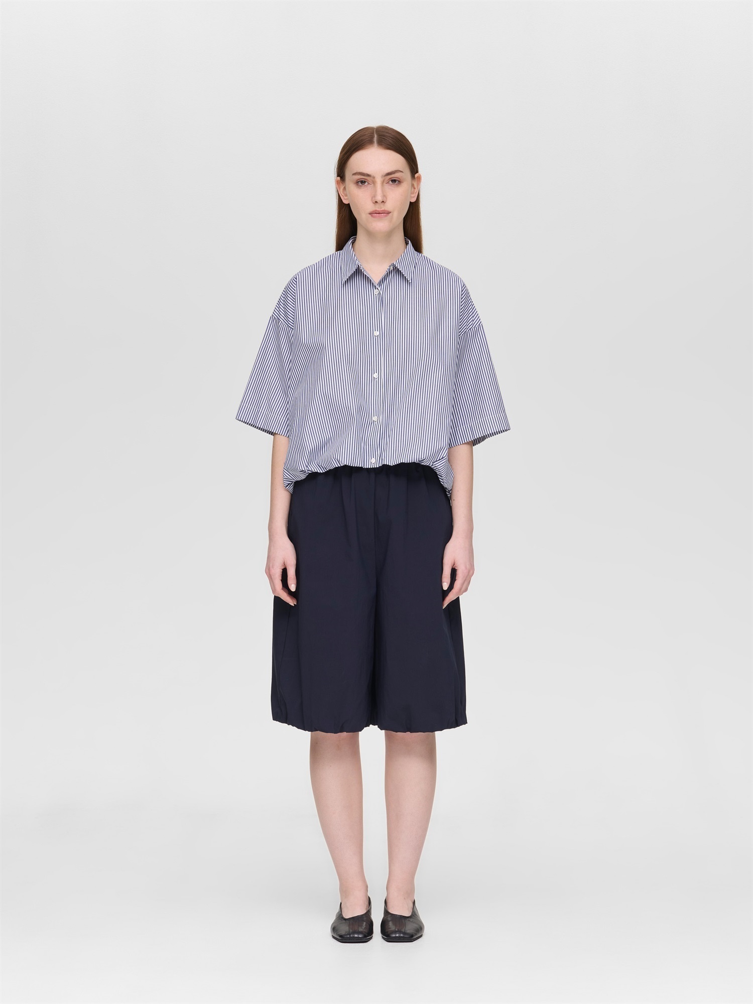 stripe half slv ballon shirt | 2-230129