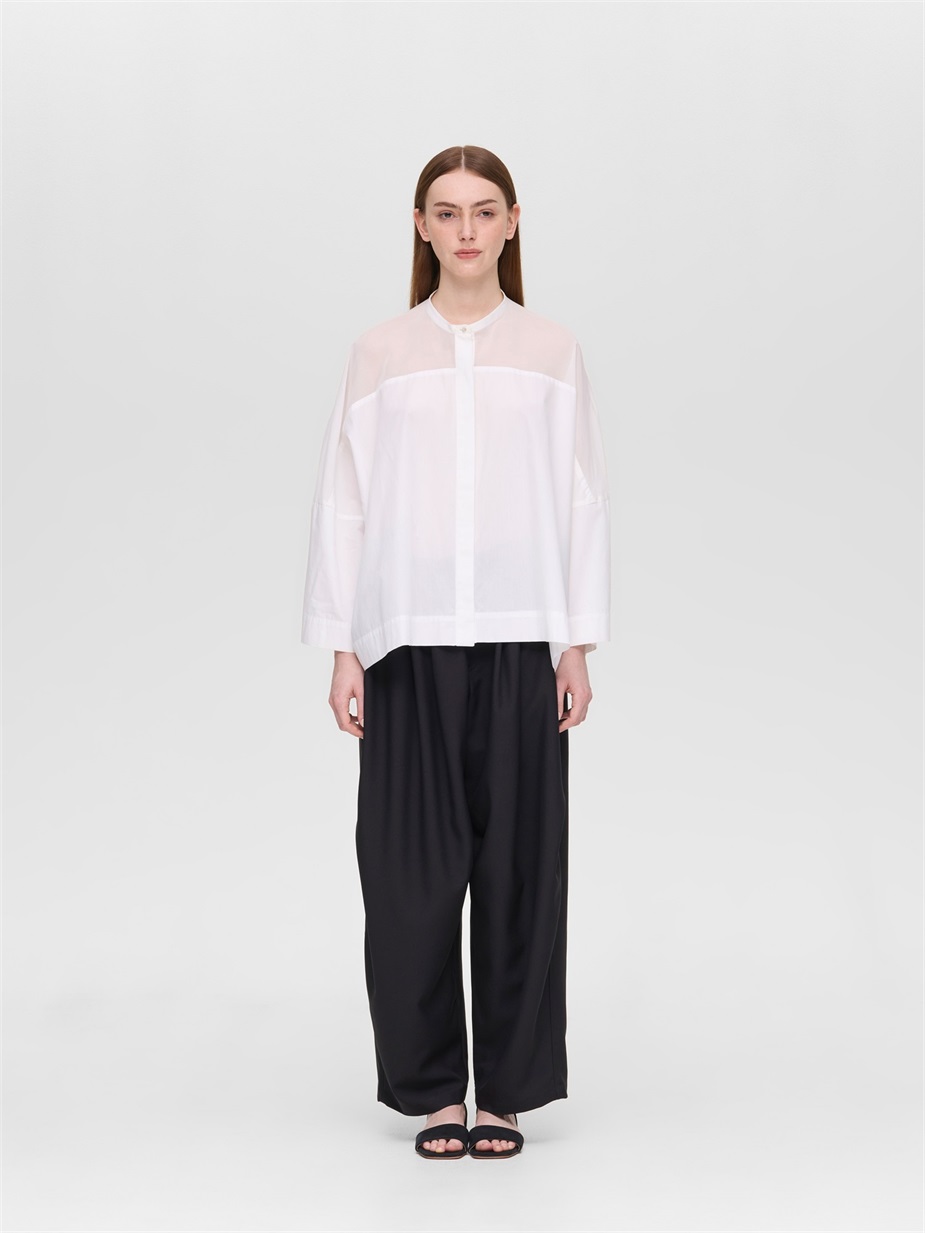 sheer shoulder stand collar wide shirt | 2-230134