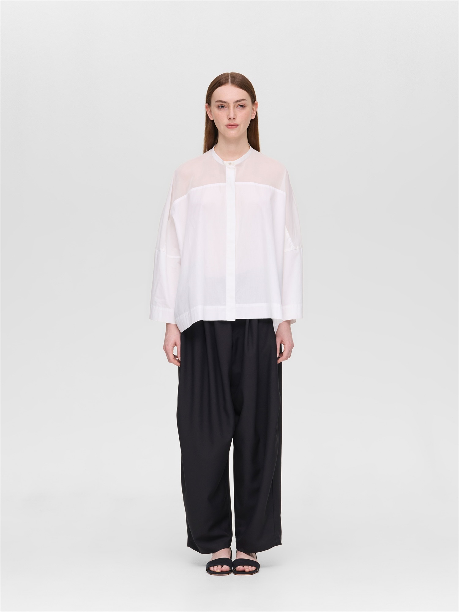 sheer shoulder stand collar wide shirt | 2-230134