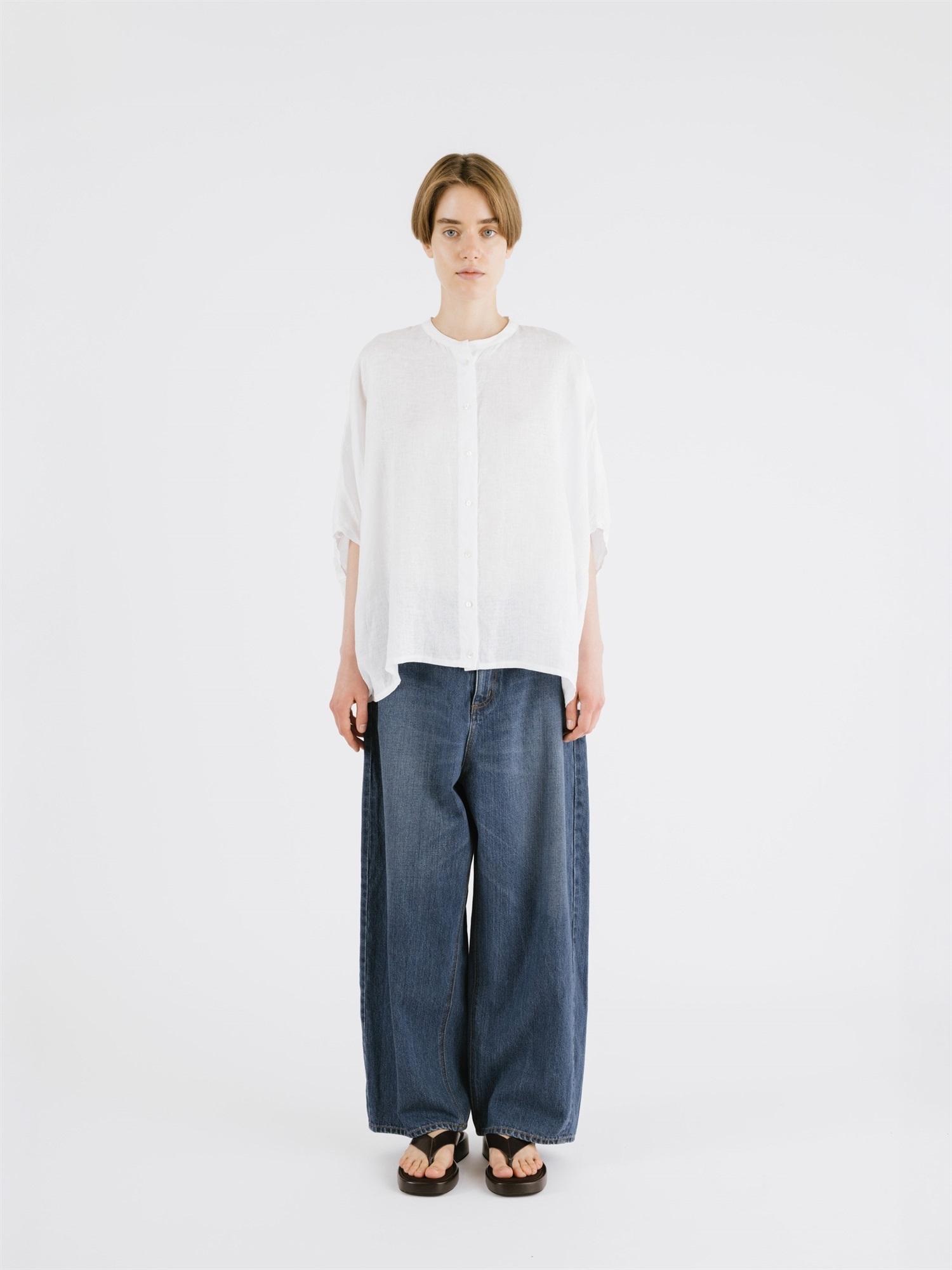 linen stand collar cocoon shirt | 2-230148